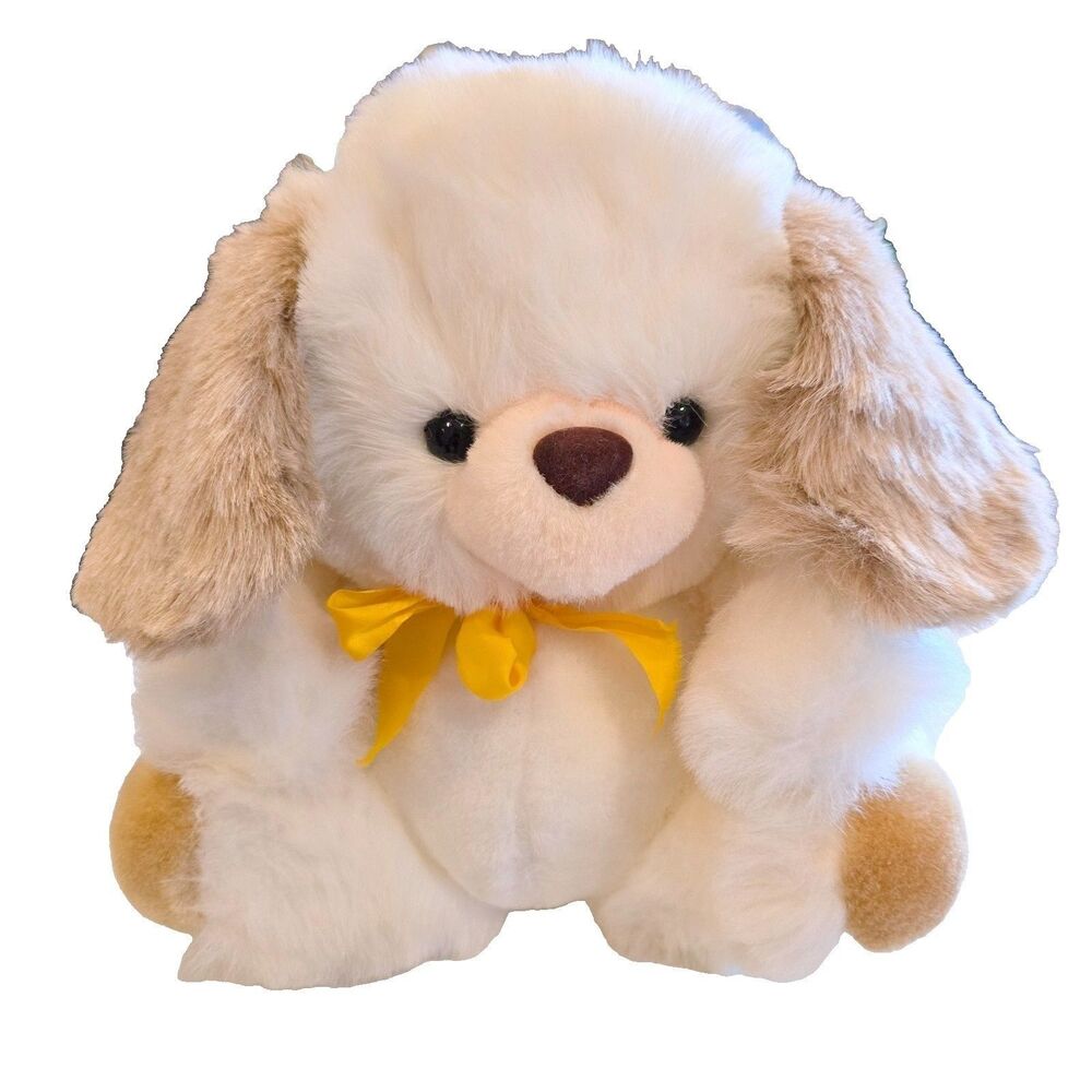 Vintage 1980s 9 Star Enterprises Puppy Dog Plush 11" White Tan Taiwan R.O.C.